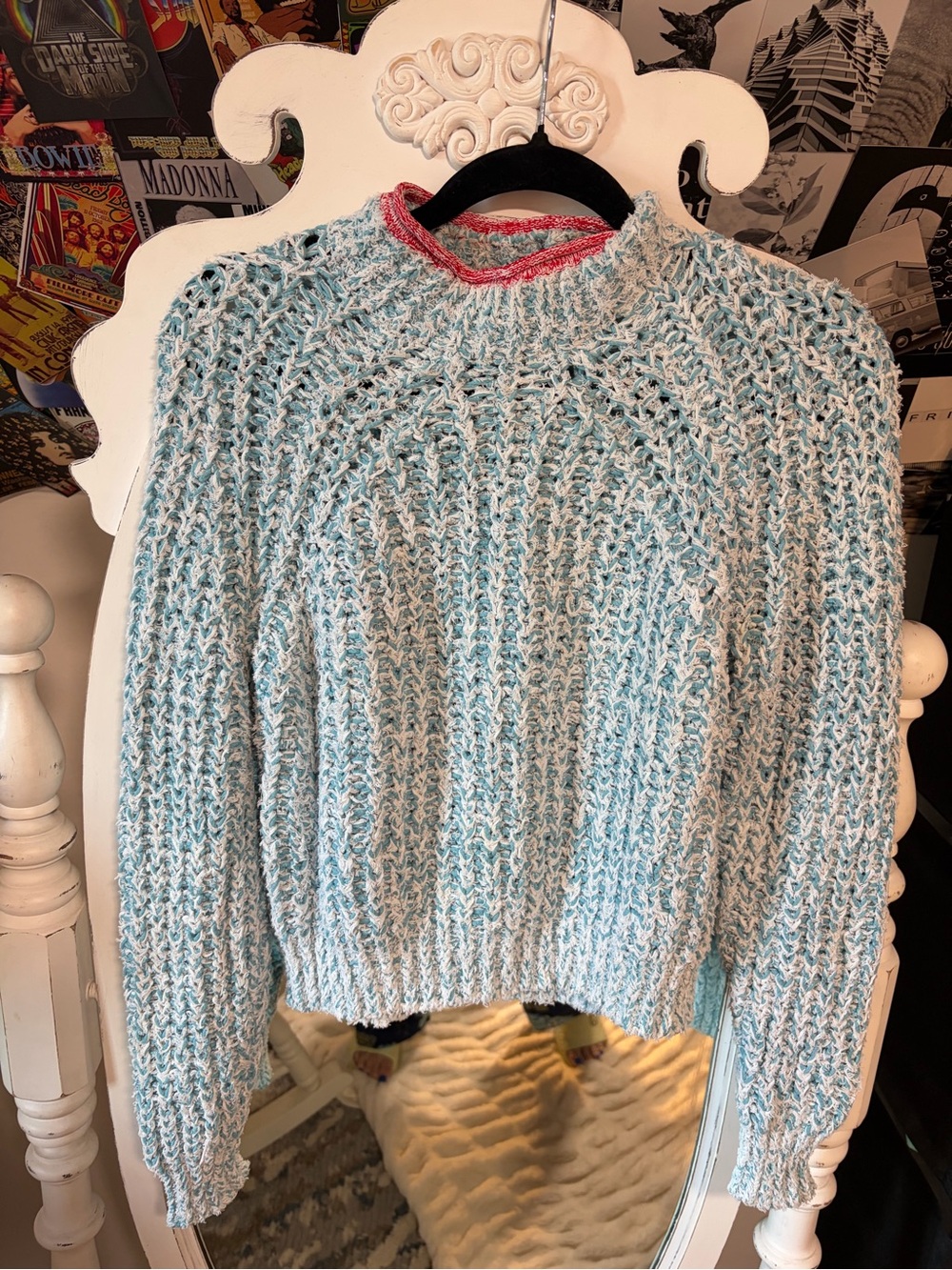 Wilfred Light Blue and White Marled Crewneck Sweater with Pink Trim